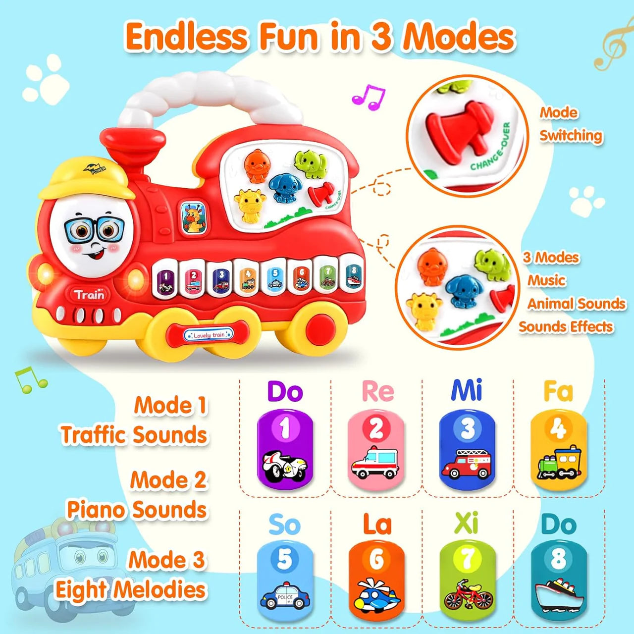 Colorful Musical Educational Train Piano With Lights, Sounds Toys (Free Shipment)