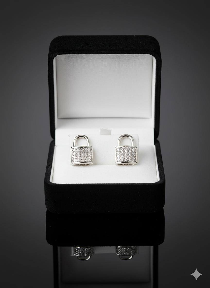 Zirconic Silver Plated Lock Earrings / Tops Jewelry