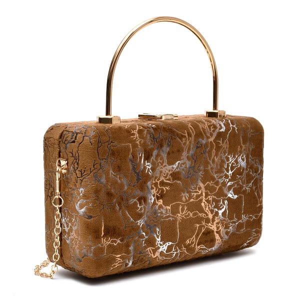 Elegant Boxy Printed Velvet Wood Box Clutch Bags