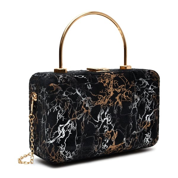 Elegant Boxy Printed Velvet Wood Box Clutch Bags