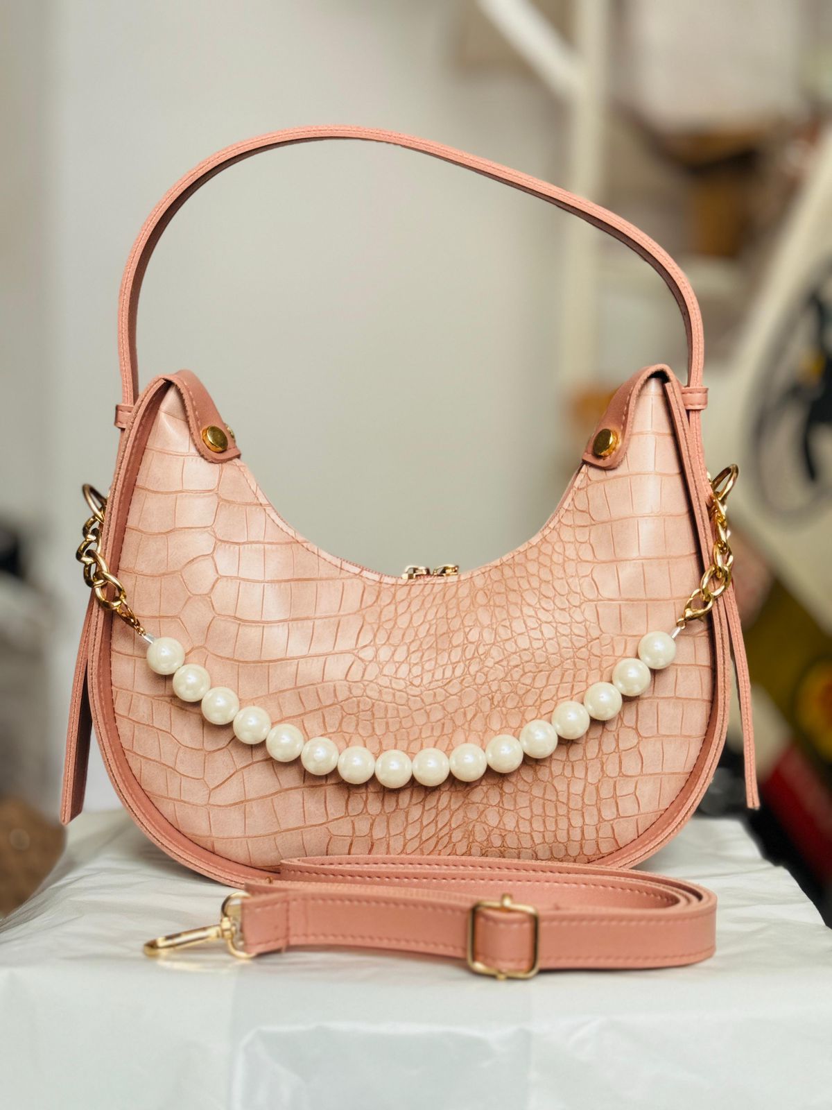 Leather Croc-Chic Pearl Shoulder Bag (Free Shipment)