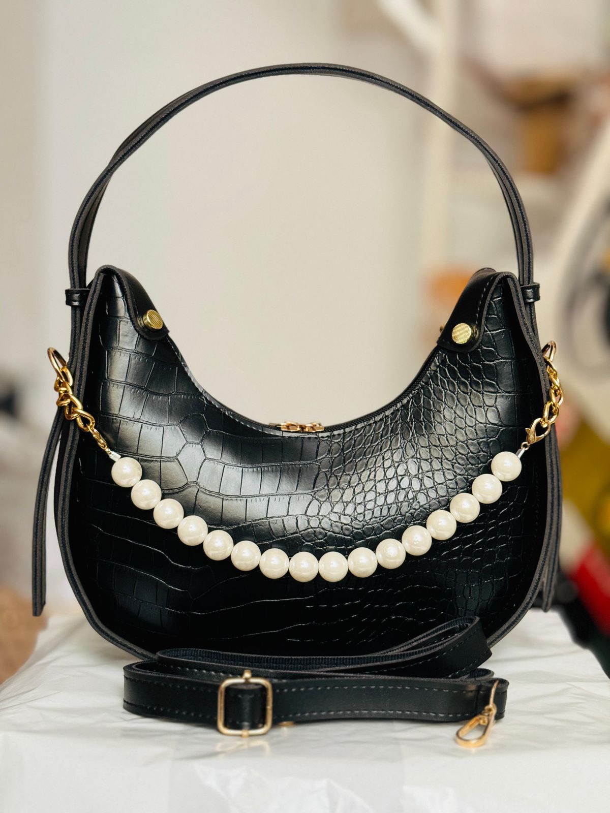 Leather Croc-Chic Pearl Shoulder Bag (Free Shipment)