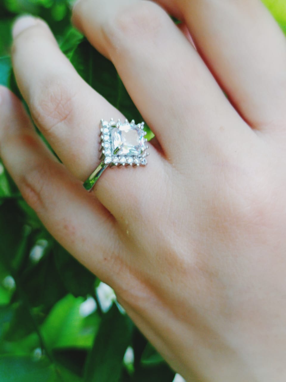 Silver Plated Regal Square Halo Ring Jewelry (Adjustable)