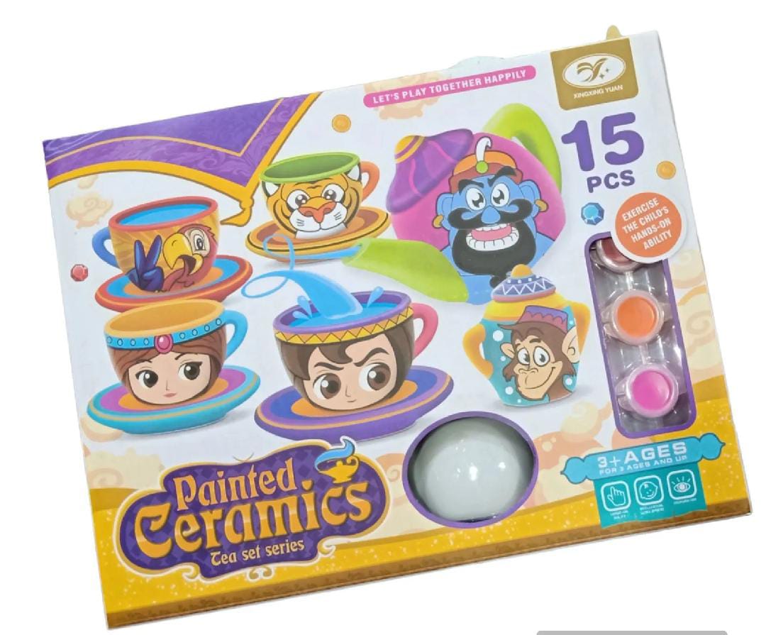Magic Tales Painted Ceramics Tea Set – 15 Pcs Color Your Own Tea Set Toys