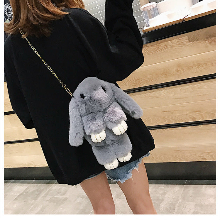 Soft Rabbit Fur Sling Backpack With Metal Chain Bag
