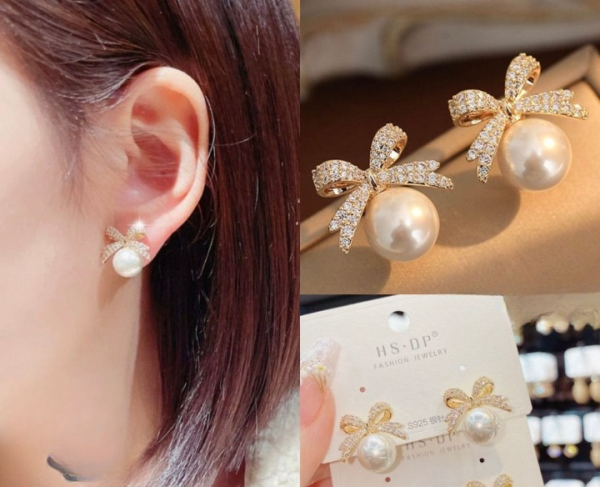 Bow Sparkle Diamond Pearl Stud Earrings Jewelry