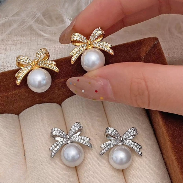 Bow Sparkle Diamond Pearl Stud Earrings Jewelry