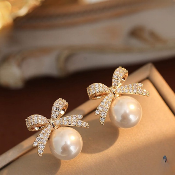 Bow Sparkle Diamond Pearl Stud Earrings Jewelry