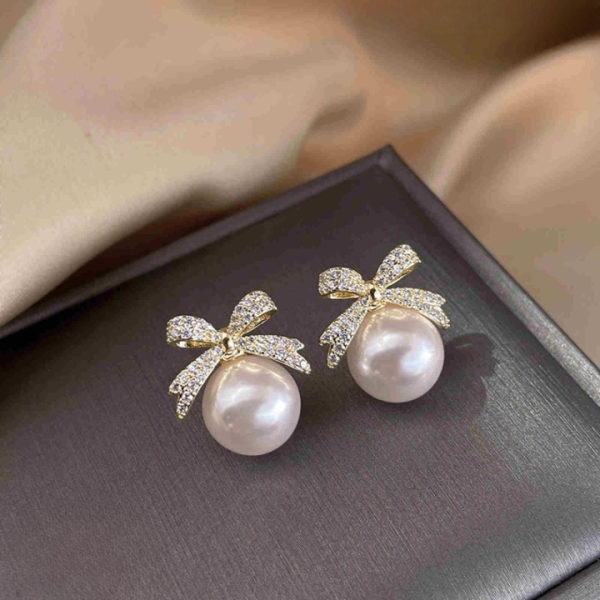 Bow Sparkle Diamond Pearl Stud Earrings Jewelry