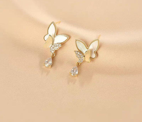 Double Butterfly Hanging Pearl Earrings Jewelry