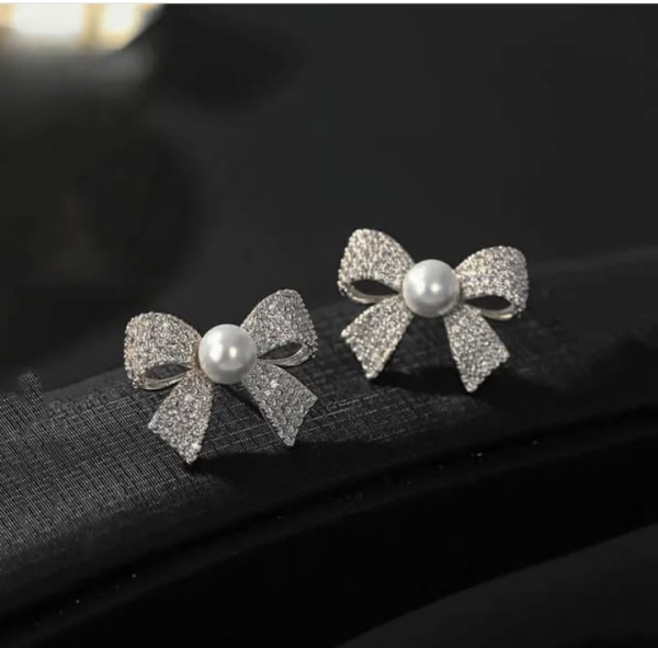 Korean Elegant Zircon Bow Style Earrings With Pearl Jewelry