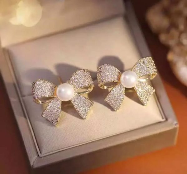 Korean Elegant Zircon Bow Style Earrings With Pearl Jewelry