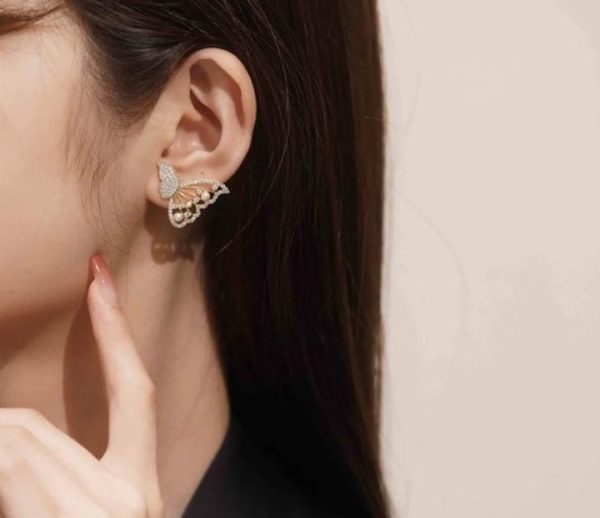 Luxury Style Korean Zircon And Pearl Butterfly Front Back Earrings Jewelry