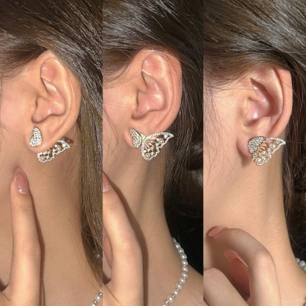 Luxury Style Korean Zircon And Pearl Butterfly Front Back Earrings Jewelry