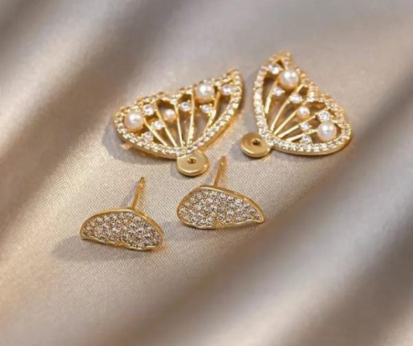 Luxury Style Korean Zircon And Pearl Butterfly Front Back Earrings Jewelry