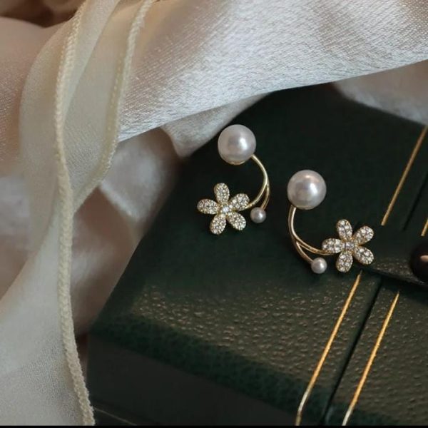 Elegant Korean Zircon Flower Pearl Front Back Earrings Jewelry