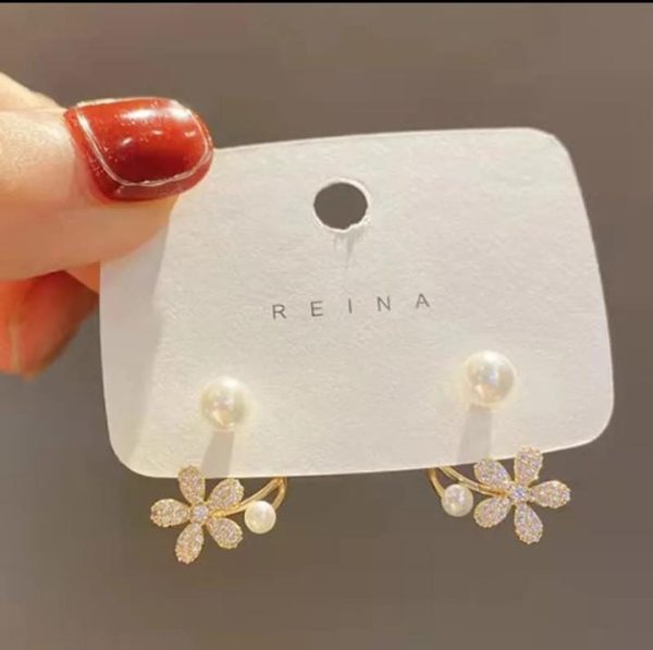 Elegant Korean Zircon Flower Pearl Front Back Earrings Jewelry