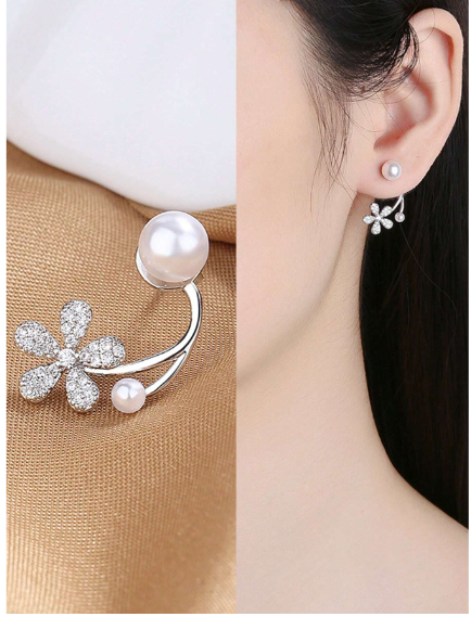 Elegant Korean Zircon Flower Pearl Front Back Earrings Jewelry