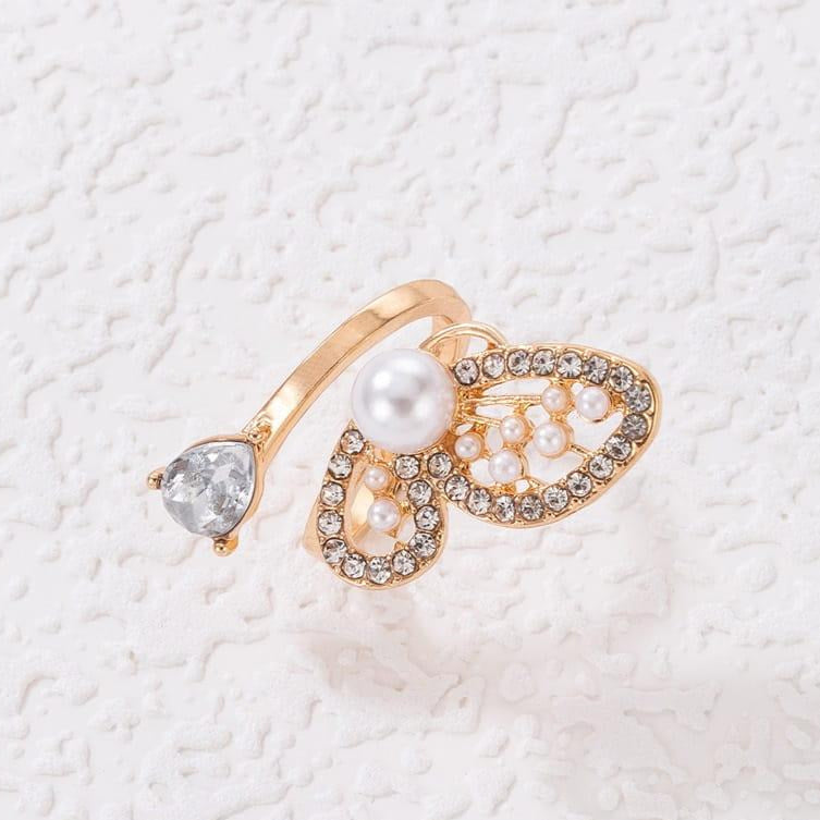 Elegant Butterfly/Pearl Adjustable Ring Jewelry