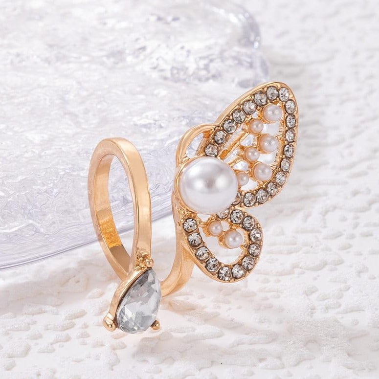 Elegant Butterfly/Pearl Adjustable Ring Jewelry