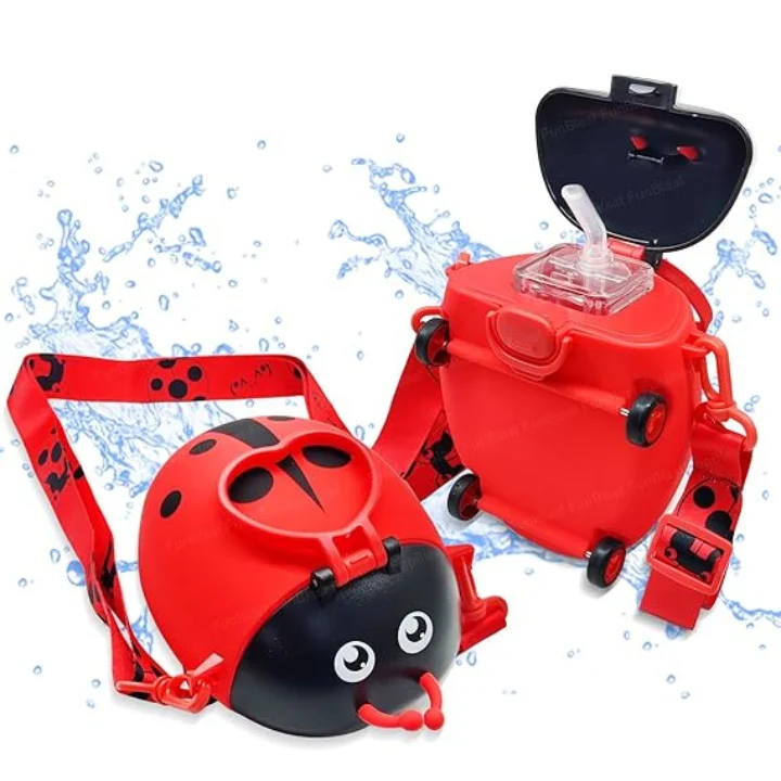 LadyBug Sipper School Water Bottle With Moving Wheels For Kids