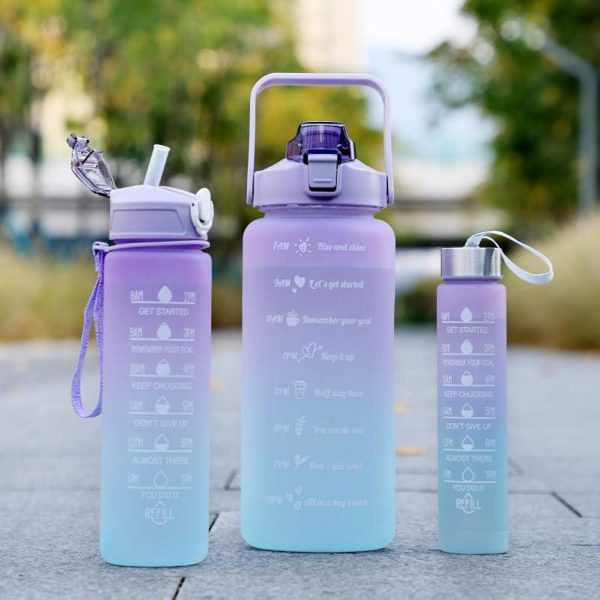 Sports Water Bottles 3 Pcs Set With Motivational Time Marker & Leak Proof Flip Top Lid Accessories (Free Shipment)