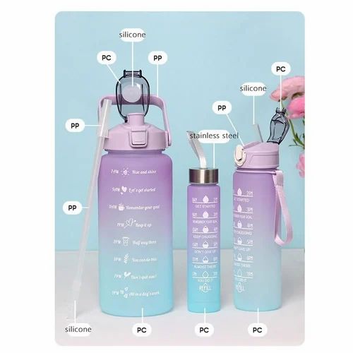 Sports Water Bottles 3 Pcs Set With Motivational Time Marker & Leak Proof Flip Top Lid Accessories (Free Shipment)
