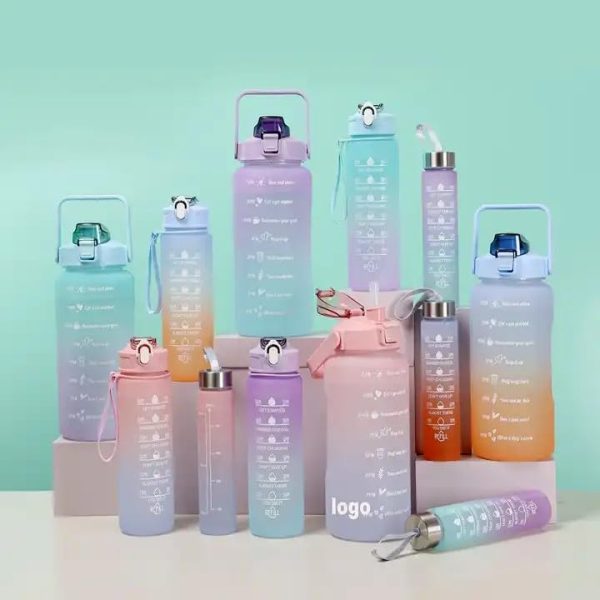 Sports Water Bottles 3 Pcs Set With Motivational Time Marker & Leak Proof Flip Top Lid Accessories (Free Shipment)