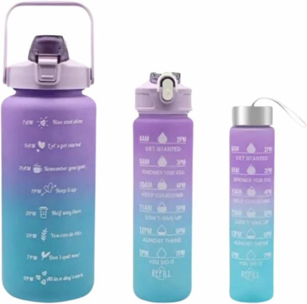 Sports Water Bottles 3 Pcs Set With Motivational Time Marker & Leak Proof Flip Top Lid Accessories (Free Shipment)