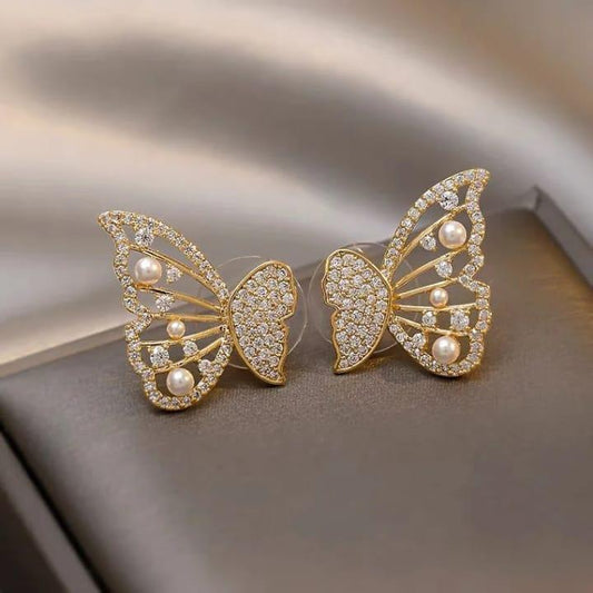 Luxury Style Korean Zircon And Pearl Butterfly Front Back Earrings Jewelry