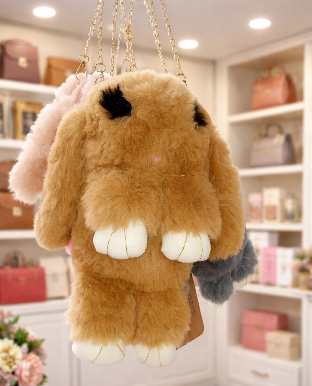 Soft Rabbit Fur Sling Backpack With Metal Chain Bag