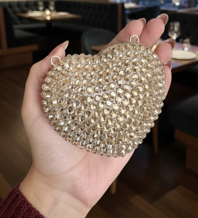 Stones Studded Metal Mini Heart Clutch Bag
