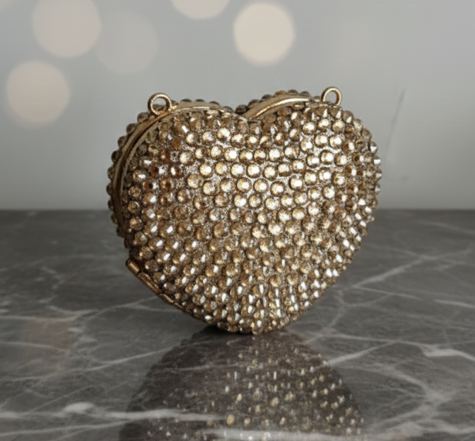 Stones Studded Metal Mini Heart Clutch Bag