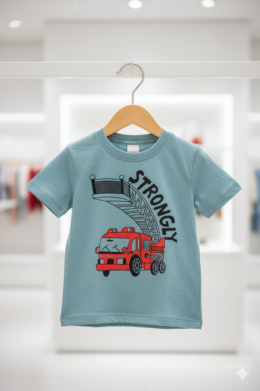 Mid Blue Strongly Bus Printed T-Shirt Kids