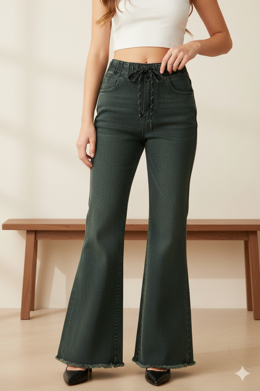 Ladies Greenish Flare Flapper Denim Jeans