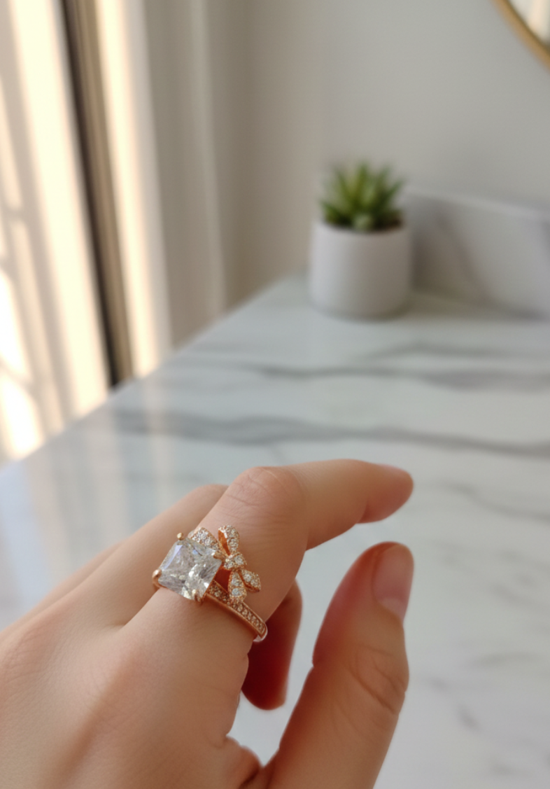 Crystal Princess Bow Ring Gold  Plated Jewelry (Adjustable)