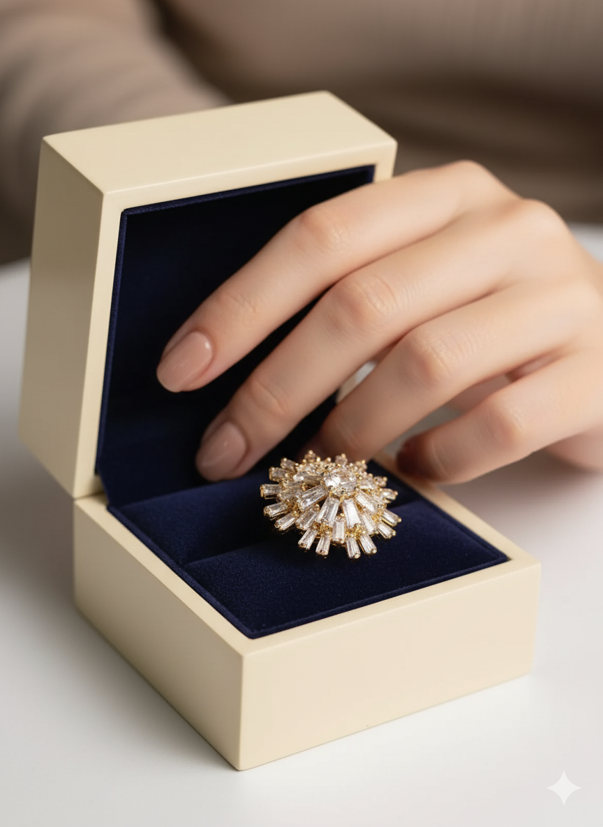 Luxury Gold Plated Zircon Embellished Flower Ring Jewelry