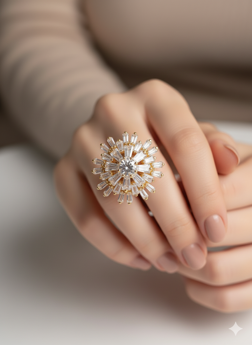 Luxury Gold Plated Zircon Embellished Flower Ring Jewelry