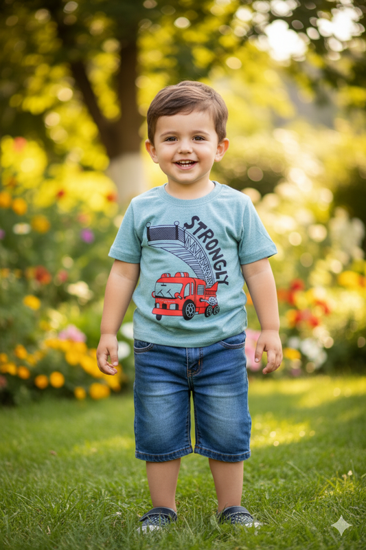 Mid Blue Strongly Bus Printed T-Shirt Kids