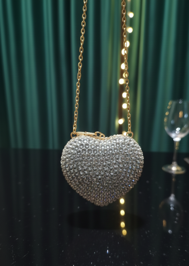 Stones Studded Metal Mini Heart Clutch Bag