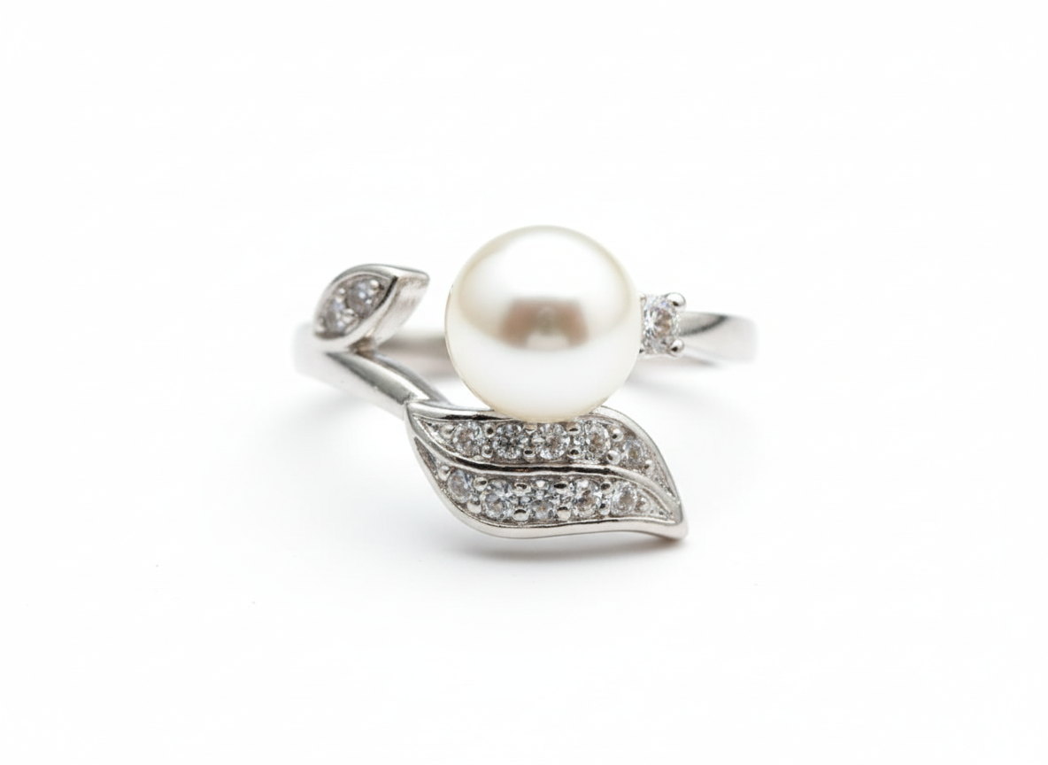 Silver Plated Pearl Leaf Ring Jewelry