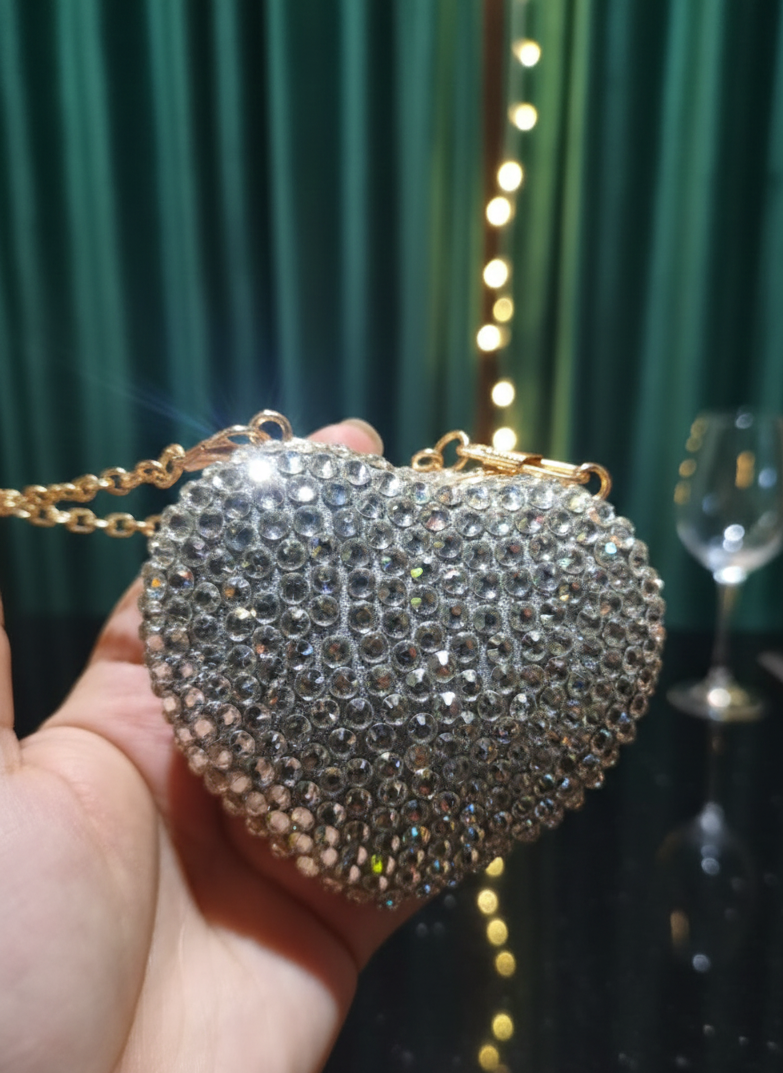 Stones Studded Metal Mini Heart Clutch Bag