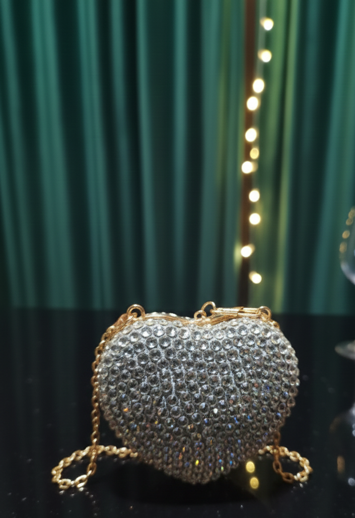 Stones Studded Metal Mini Heart Clutch Bag