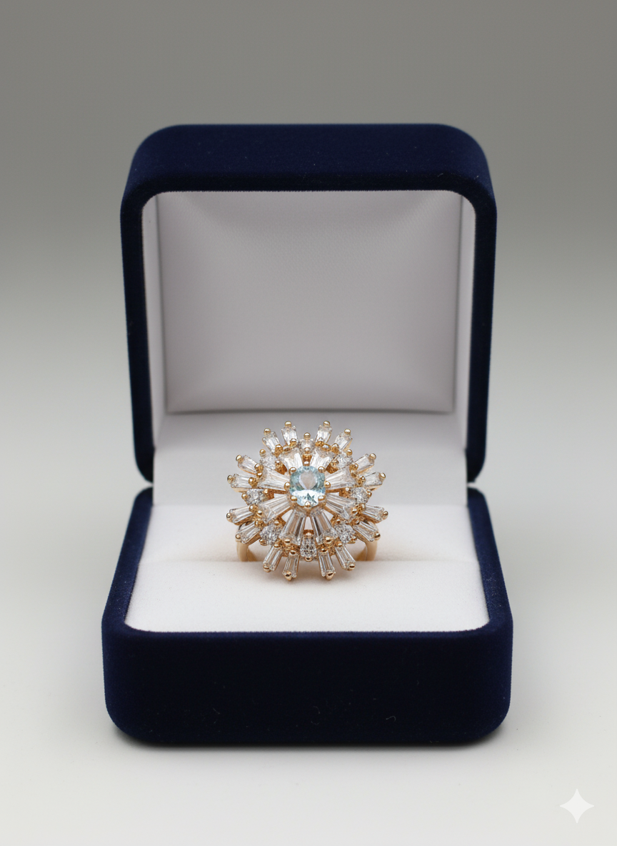 Luxury Gold Plated Zircon Embellished Flower Ring Jewelry