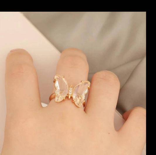 Gold Platted White Butterfly Crystal Ring Jewelry