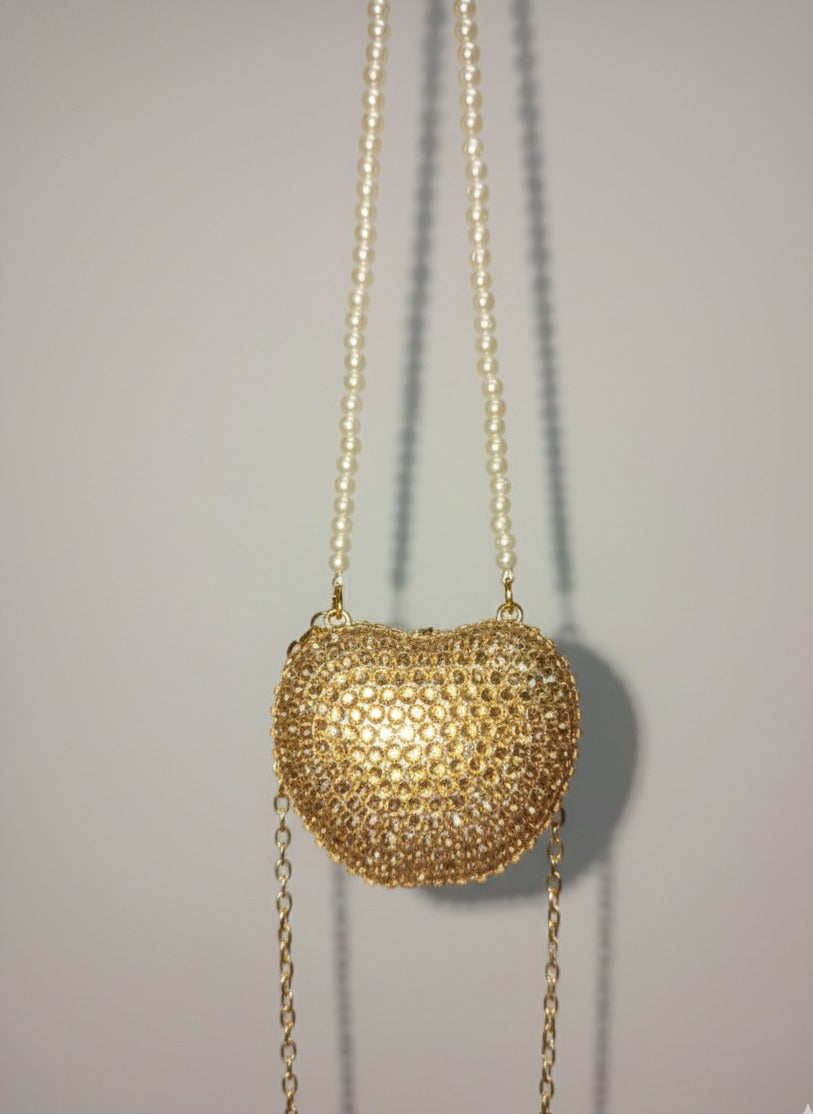 Stones Studded Metal Mini Heart Clutch Bag