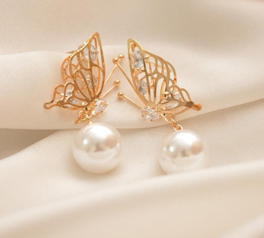 Elegant Butterfly Pearl Drop Earrings Jewelry