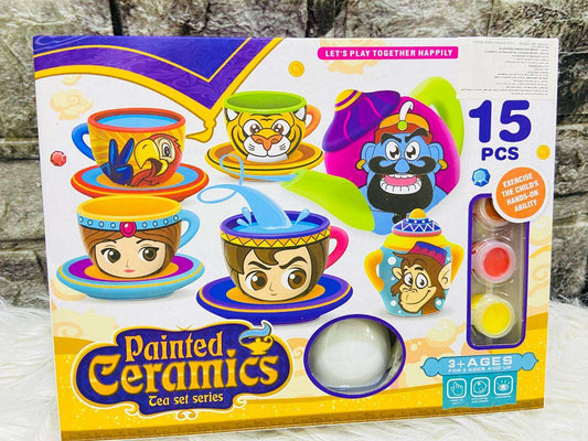 Magic Tales Painted Ceramics Tea Set – 15 Pcs Color Your Own Tea Set Toys
