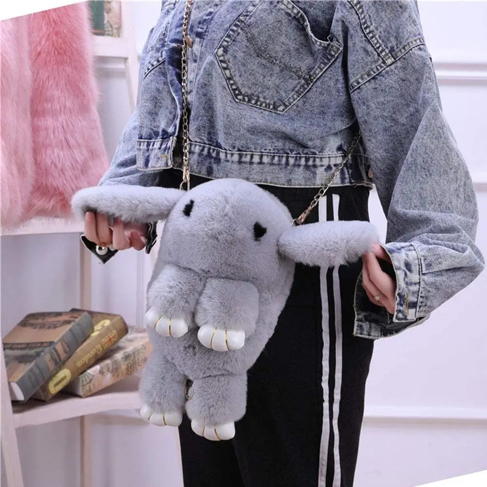 Soft Rabbit Fur Sling Backpack With Metal Chain Bag