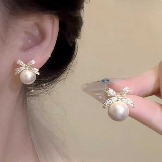 Bow Sparkle Diamond Pearl Stud Earrings Jewelry